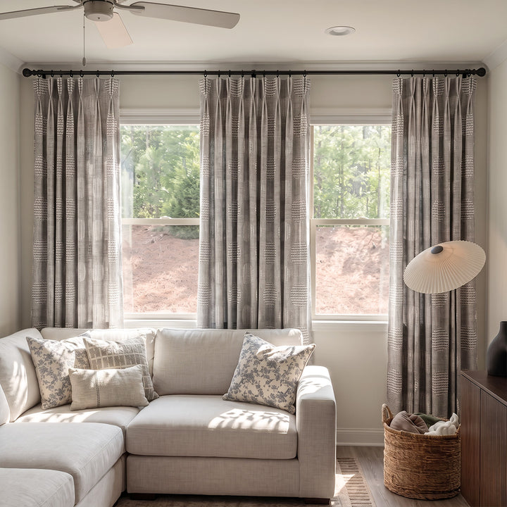 Hugmoom Textured Linen Drapes, Grey Linear Jacquard Heavy Linen Custom Curtains, Bright Japandi Minimalist Family Living Room