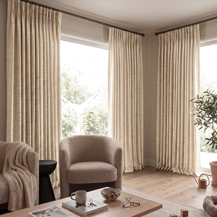 Hugmoom Textured Linen Heavyweight Woven Curtains – Anti Scratch Family Friendly Light Beige Drapes for Minimalist Casual Living Spaces (USA, Canada, EU)