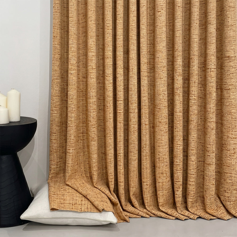 Hugmoom Textured Linen Heavyweight Woven Curtains – Close-up Warm Ochre Linen Woven Fabric Texture & Floor Puddle Detail (North America, Europe)