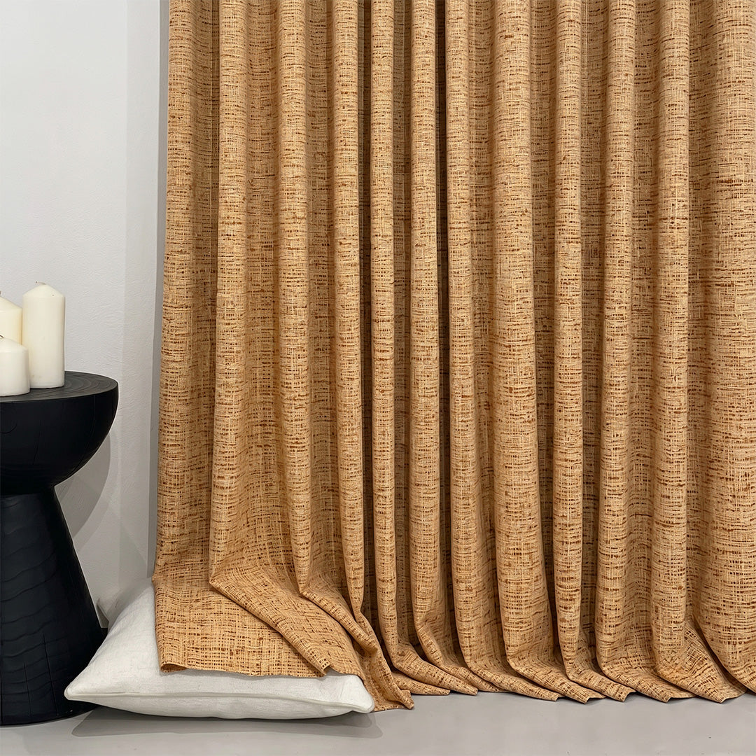 Hugmoom Textured Linen Heavyweight Woven Curtains – Close-up Warm Ochre Linen Woven Fabric Texture &amp; Floor Puddle Detail (North America, Europe)