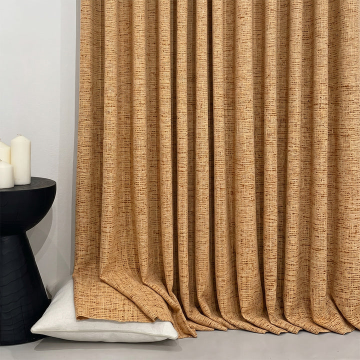 Hugmoom Textured Linen Heavyweight Woven Curtains – Close-up Warm Ochre Linen Woven Fabric Texture &amp; Floor Puddle Detail (North America, Europe)