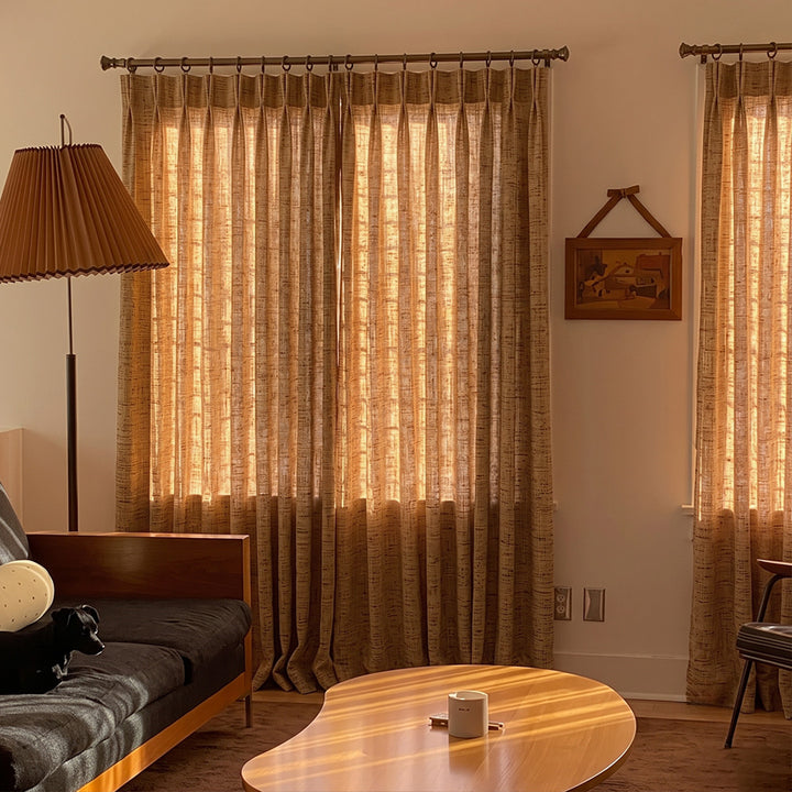 Hugmoom Textured Linen Heavyweight Woven Curtains – Anti Scratch Family Friendly Warm Brown Woven Drapes for Mid-Century Cozy Living Rooms (North America, Europe)