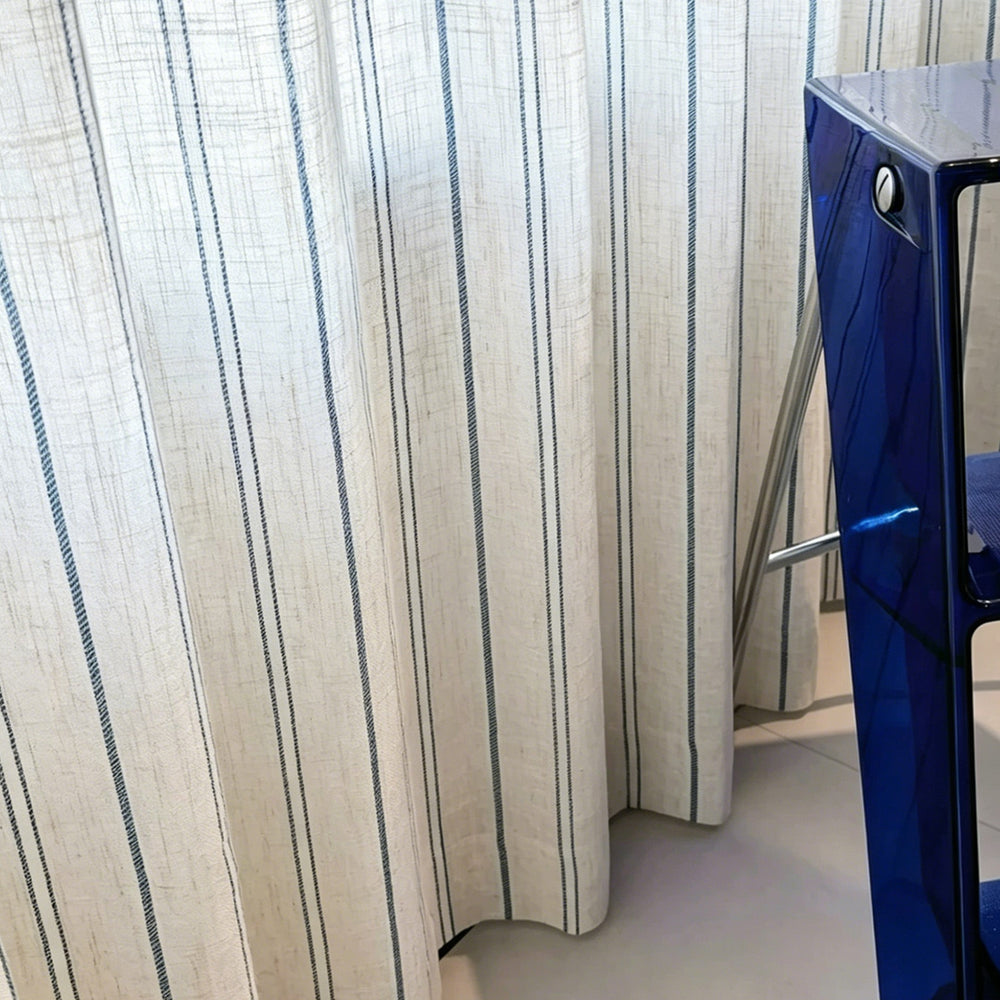 Hugmoom Ticking Stripe Curtains Close-Up, Textured Oatmeal Linen Fabric Detail, Minimalist Coastal Custom Drapes