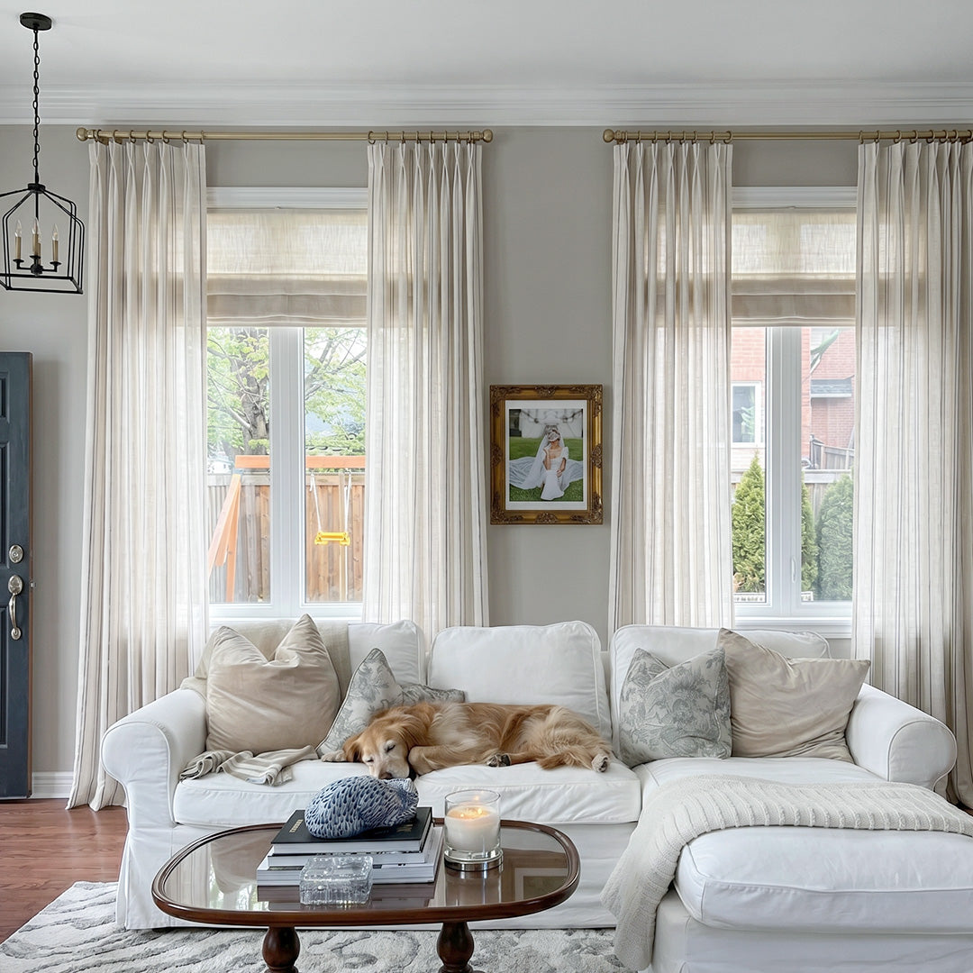 Hugmoom Ticking Stripe Curtains, Oatmeal Linen Coastal Textured Neutral Custom Drapes, Japandi Style Bright Minimalist Living Room