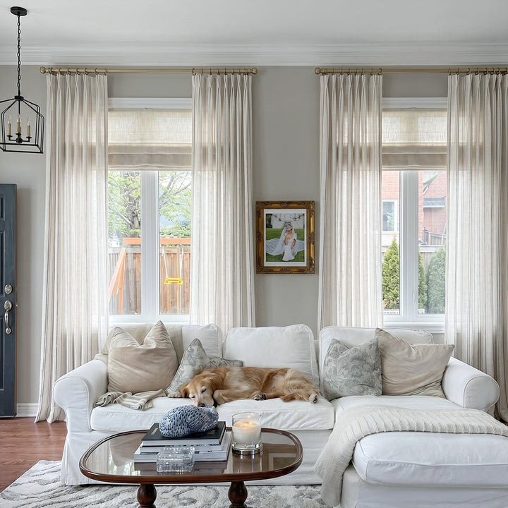 Hugmoom Ticking Stripe Curtains, Oatmeal Linen Coastal Textured Neutral Custom Drapes, Japandi Style Bright Minimalist Living Room