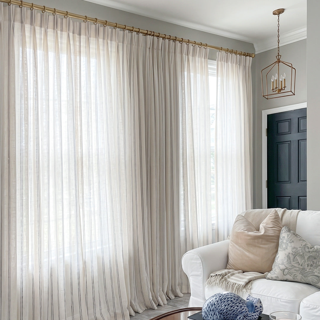 Hugmoom Ticking Stripe Curtains, Pinch Pleat Oatmeal Linen Drapes, Textured Neutral Custom Curtains for Minimalist Coastal Living Room