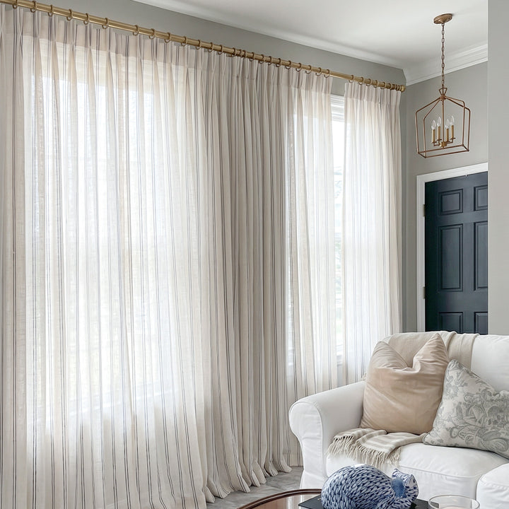 Hugmoom Ticking Stripe Curtains, Pinch Pleat Oatmeal Linen Drapes, Textured Neutral Custom Curtains for Minimalist Coastal Living Room