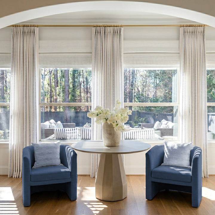 Hugmoom Ticking Stripe Curtains, Wide Window Oatmeal Linen Coastal Drapes, Japandi Style Textured Neutral Custom Curtains in Minimalist Dining Nook