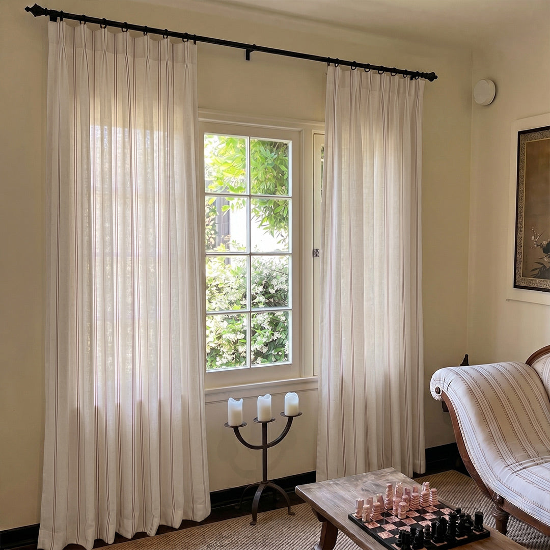 Hugmoom Ticking Stripe Curtains, Slim Window Oatmeal Linen Coastal Drapes, Textured Neutral Custom Curtains for Quiet Minimalist Lounge