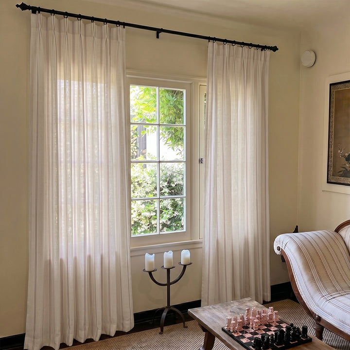 Hugmoom Ticking Stripe Curtains, Slim Window Oatmeal Linen Coastal Drapes, Textured Neutral Custom Curtains for Quiet Minimalist Lounge