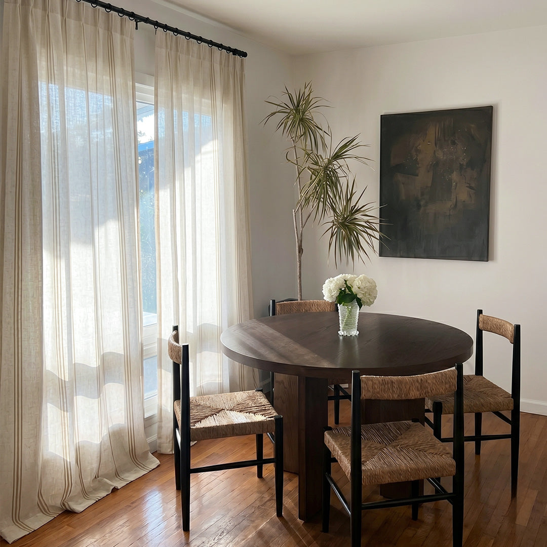 Hugmoom Ticking Stripe Curtains, Sheer Oatmeal Linen Textured Neutral Custom Drapes, Japandi Minimalist Coastal Dining Room