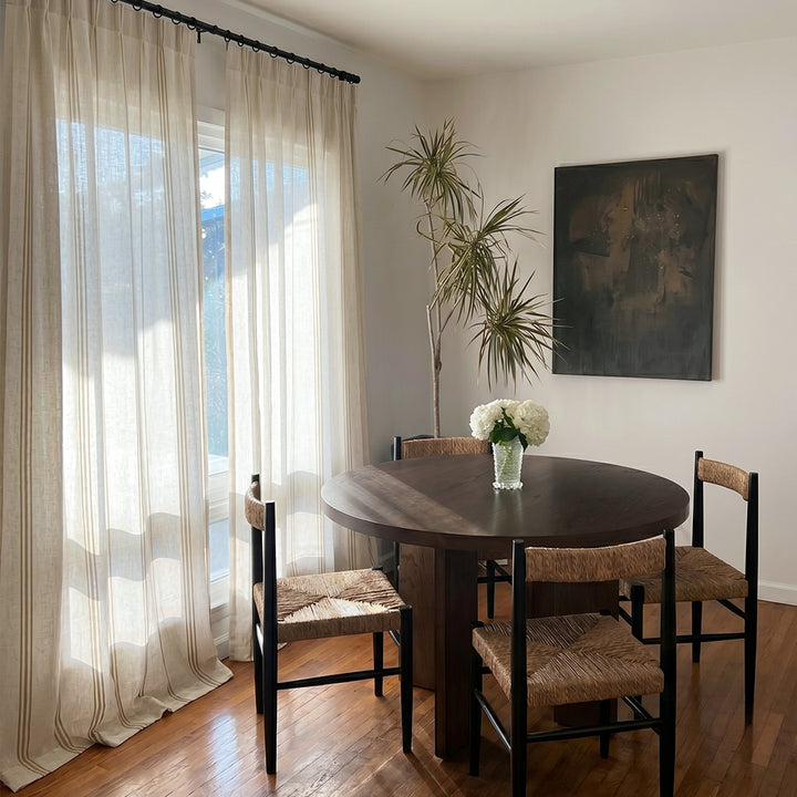 Hugmoom Ticking Stripe Curtains, Sheer Oatmeal Linen Textured Neutral Custom Drapes, Japandi Minimalist Coastal Dining Room