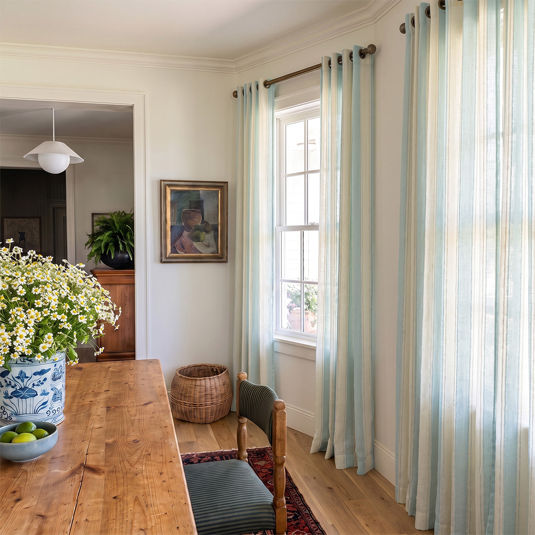 Hugmoom Vertical Stripe Curtains Custom Matte Cotton Blend Light Filtering Sheers Blue White Striped Drapes Farmhouse Dining Room USA UK EU