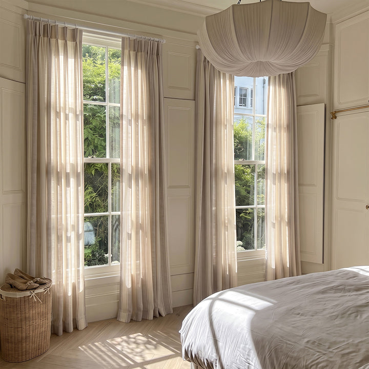 Hugmoom Vertical Stripe Custom Matte Cotton Blend Light Filtering Sheers Neutral Taupe Striped Drapes Elegant Master Bedroom USA EU