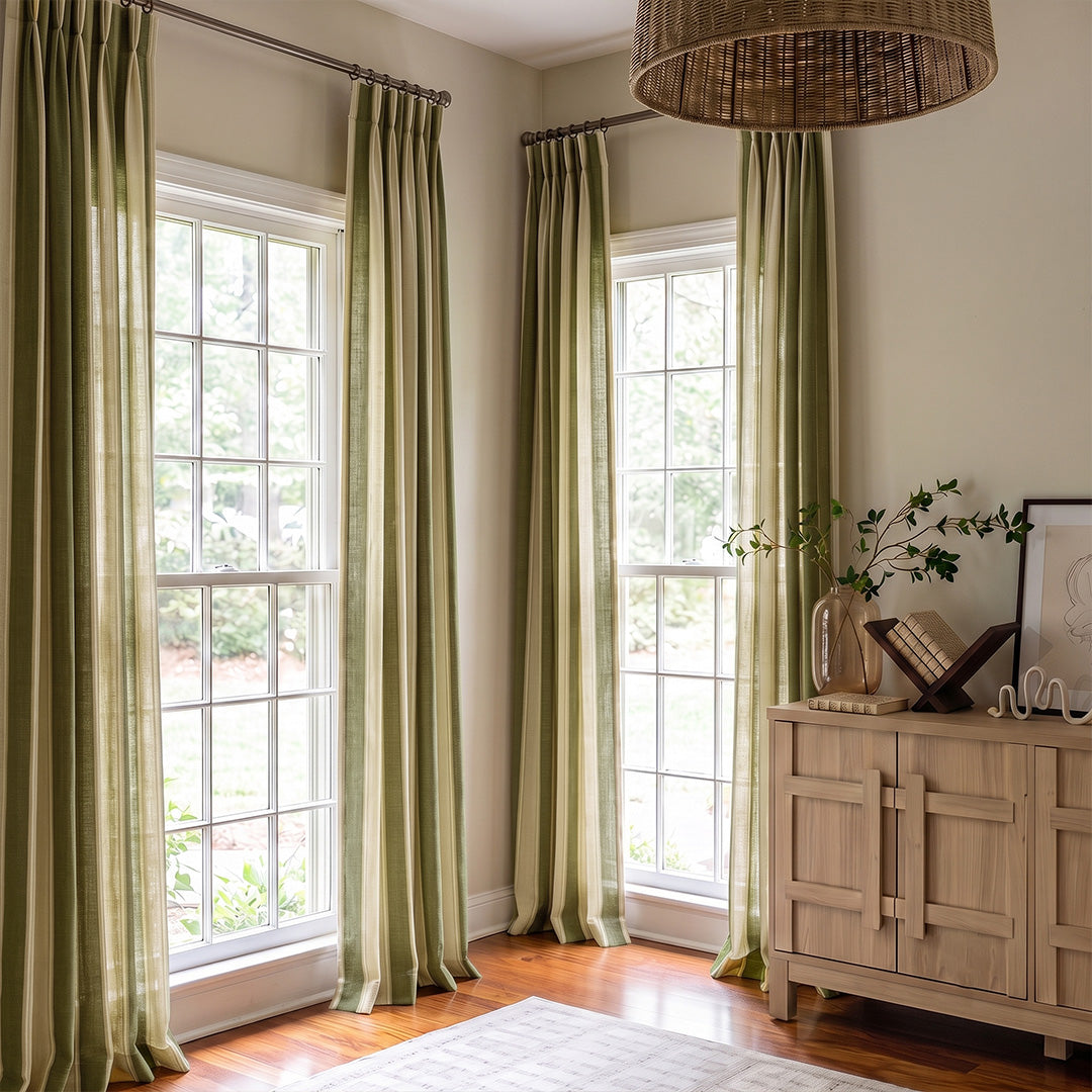 Hugmoom Vertical Stripe Matte Cotton Blend Light Filtering Sheers Custom Olive Green Striped Curtains Cottage Style Living Space USA UK