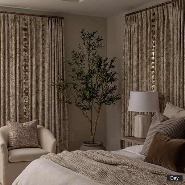 Hugmoom Vintage Floral Blackout Curtains, Closed in Daytime, Beige Floral Print with Tassel Edge, Custom Luxury Drapes for Bedroom