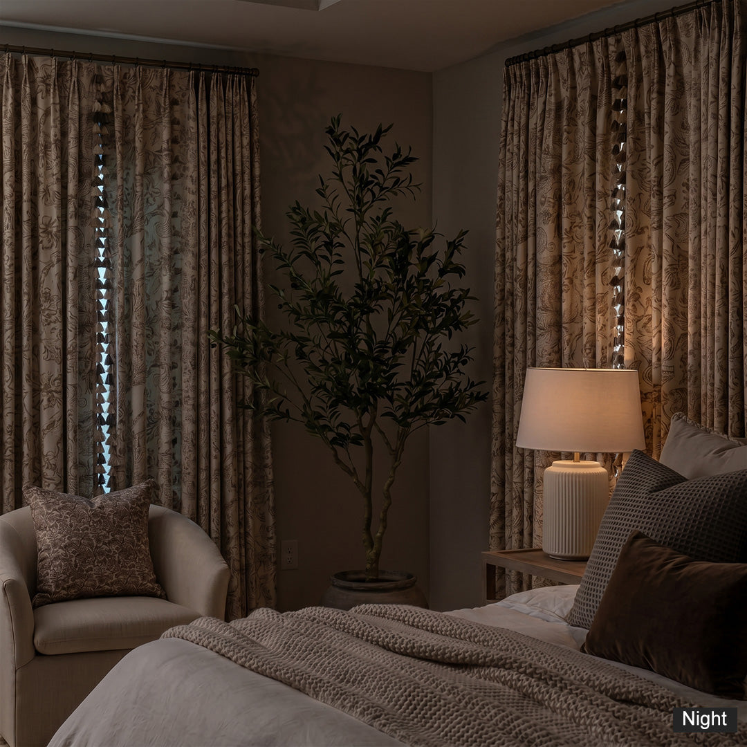 Hugmoom Vintage Floral Blackout Curtains at Night, Full Light Blocking, Cozy Bedroom with Warm Lighting, Beige Floral Pattern Blackout Drapes