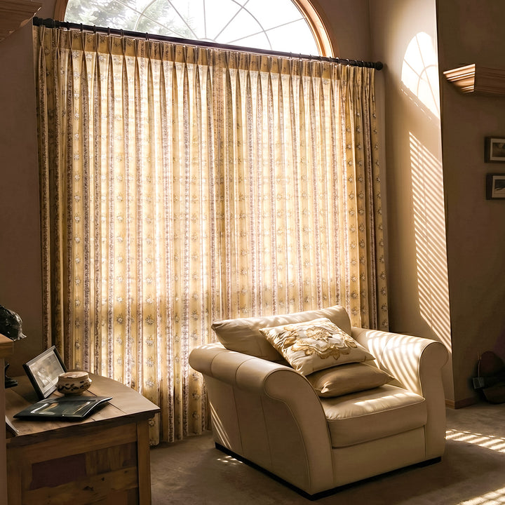 Hugmoom Vintage Floral Drapes – Warm Yellow Shabby Chic Curtains for Cozy Arched Window Living Rooms (North America, Europe)