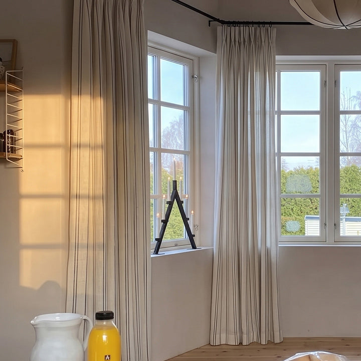 Hugmoom Vintage French Ticking Stripe Curtains – Lightweight Coastal Linen Striped Drapes Close Window Side View for Neutral Nordic Minimal Interiors (North America, Europe)