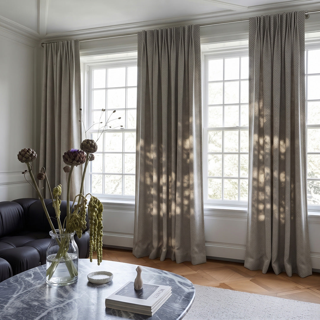 Hugmoom Woven Textured Micro Check Dobby Custom Curtains, Luxury Bespoke Pinch Pleat Drapes, Natural Light Filtering High End Window Drapes