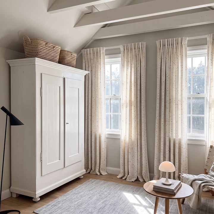Hugmoom bespoke Natural Linen Curtains rainbow kids haven design, textured dotted linen drapes in bright family attic room, high‑end custom window curtains