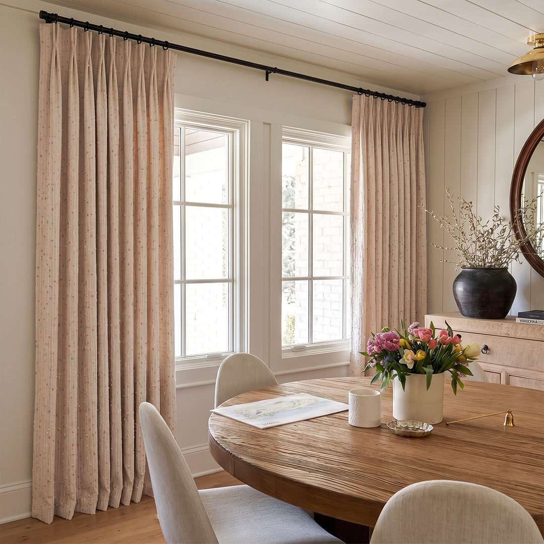 Hugmoom custom Natural Linen Curtains rainbow kids haven design, pleated linen drapes in bright farmhouse dining room, high‑end home window treatment