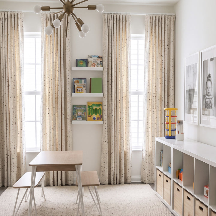 ugmoom custom Natural Linen Curtains rainbow kids haven design, linen drapes in modern kids playroom, luxury children space window treatment