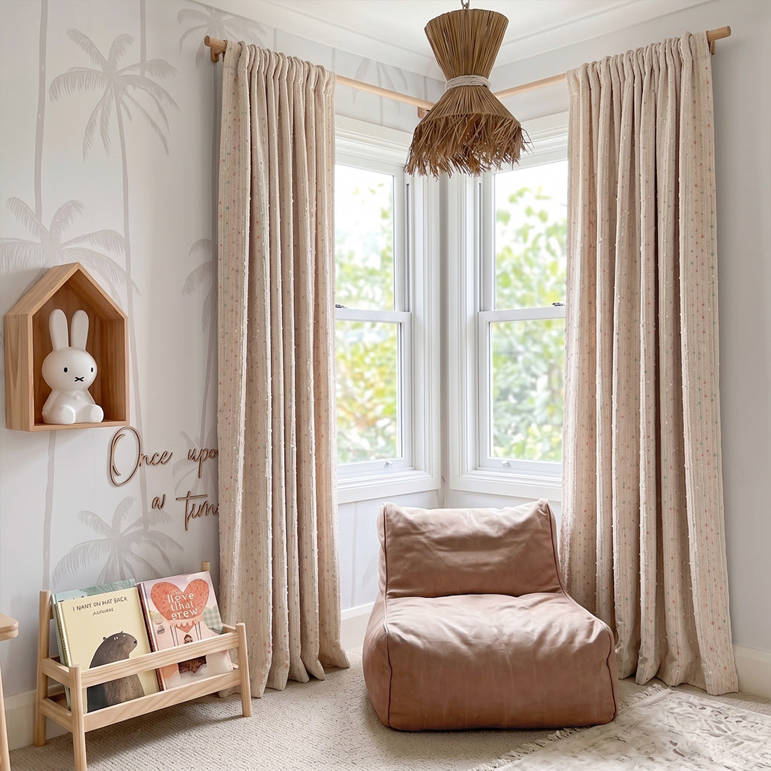 Hugmoom premium custom Natural Linen Curtains rainbow kids haven design, textured linen drapes in boho style nursery room, high‑end home interior