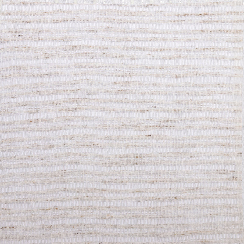Close-up of textured sheer curtain fabric with horizontal beige woven stripes