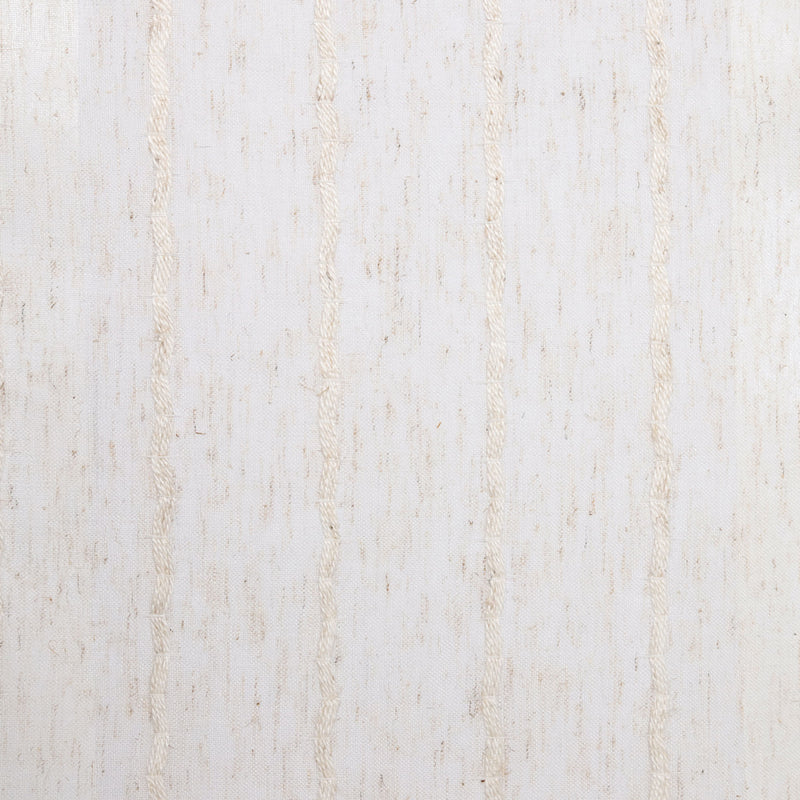 Close-up of beige textured curtain fabric with subtle vertical stripes