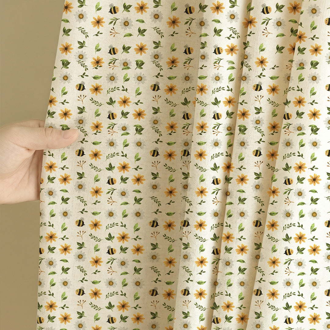 Hand holding custom kids blackout curtains with vintage floral sunflower and botanical leaf pattern