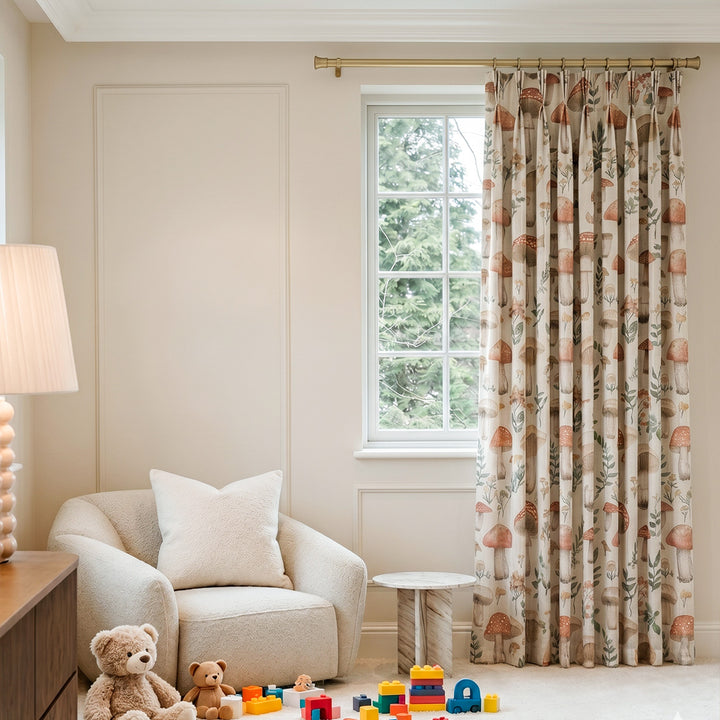 Therapeutic woodland nursery decor with mushroom print kids blackout curtains for a cozy aesthetic
