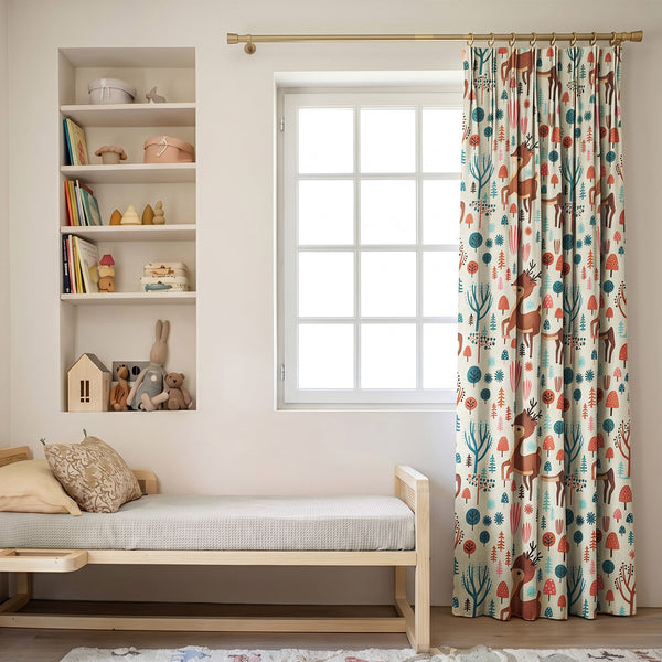 Whimsical children's room drapes featuring colorful forest deer pattern custom children's curtains