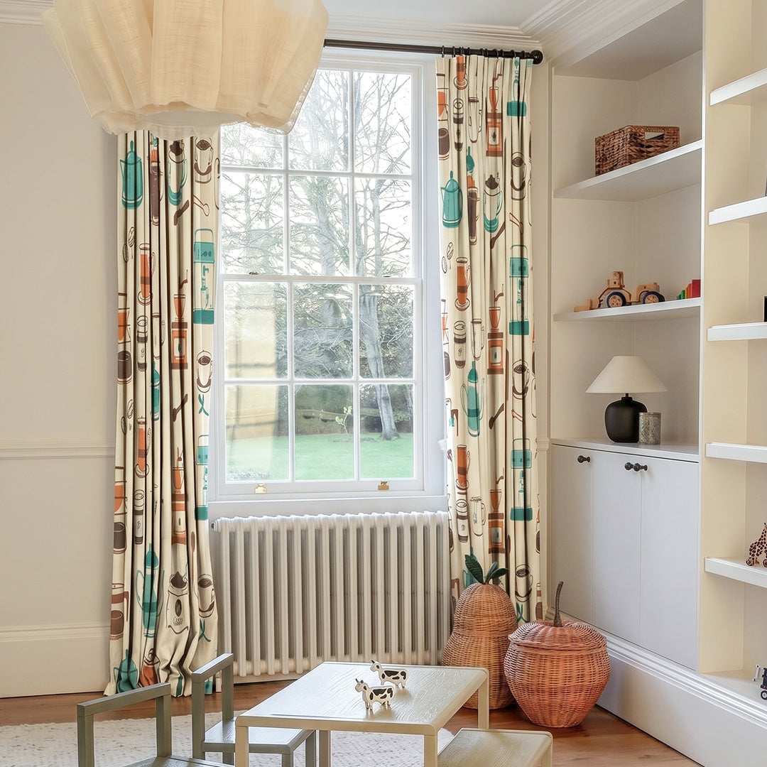 Bespoke vintage patterned curtains with unique coffee pot print custom children&