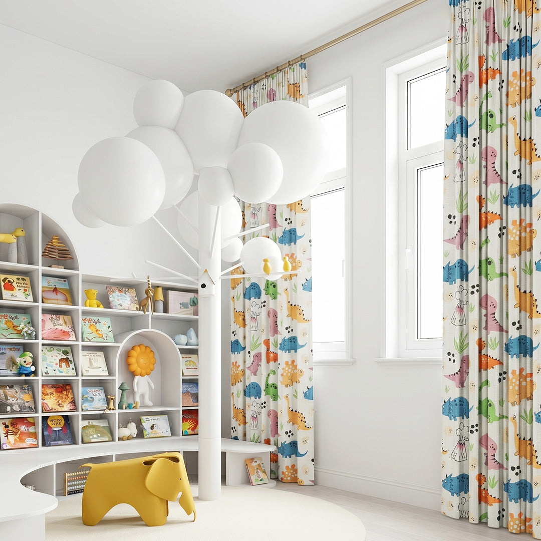 Playful Nordic cream style nursery drapes with dinosaur print bespoke children&