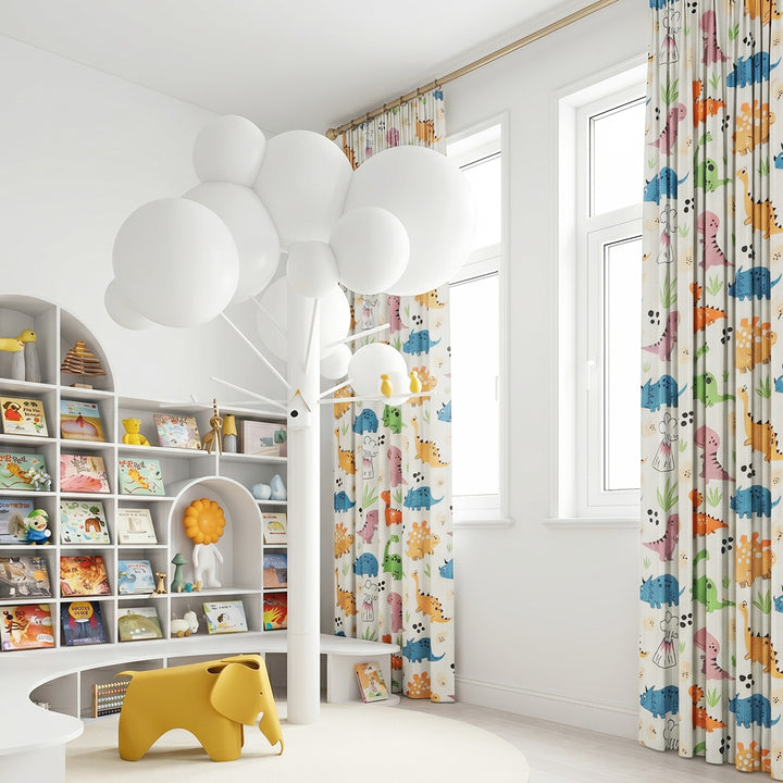 Playful Nordic cream style nursery drapes with dinosaur print bespoke children&