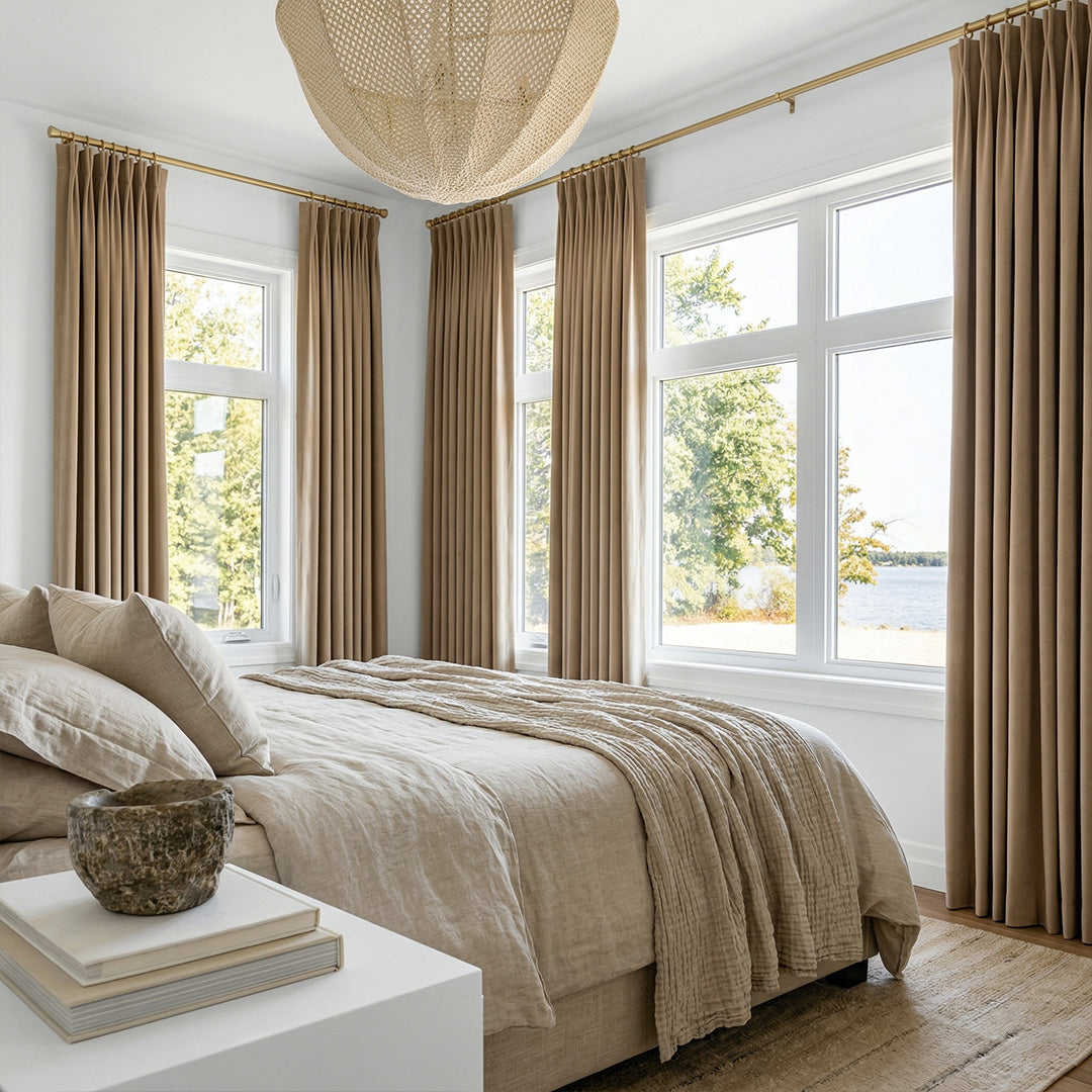 Luxury Blackout Curtains Dual-Sided Design – Textured Jacquard Drapes for Serene Lakeview Master Bedrooms (USA, EU)