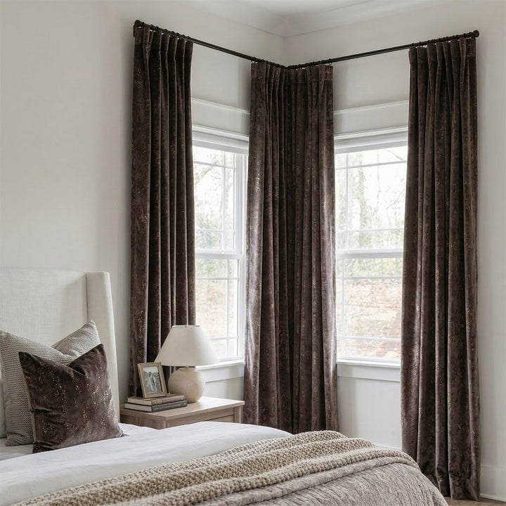 Espresso Brown Luxury Shimmering Gold Velvet Curtains – Plush Drapes for Serene Farmhouse Bedrooms (USA, Canada, EU)