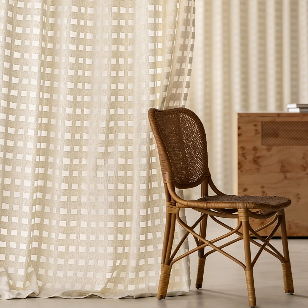 Ivory Openwork Square Sheer Curtains – Luxury Minimalist Drapes for Wabi-Sabi Living Spaces (US, UK, EU)
