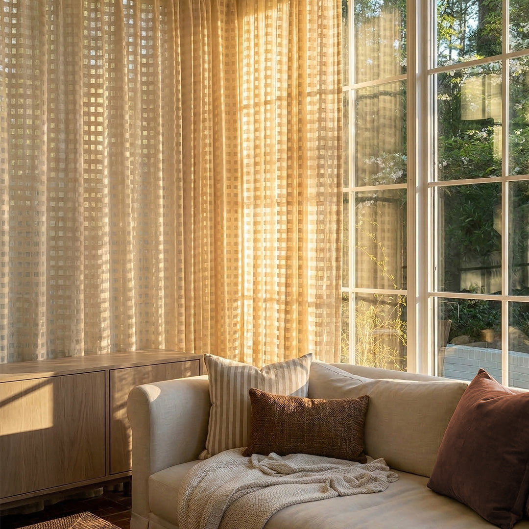 Light Tan Grid Square Sheer Curtains – Luxury Sunlit Drapes for Warm Living Room Decor (US, UK, EU)