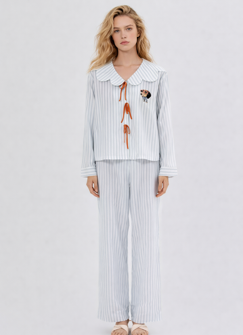 Silk Blend Pajamas Set with Doll Collar and Bow Detail