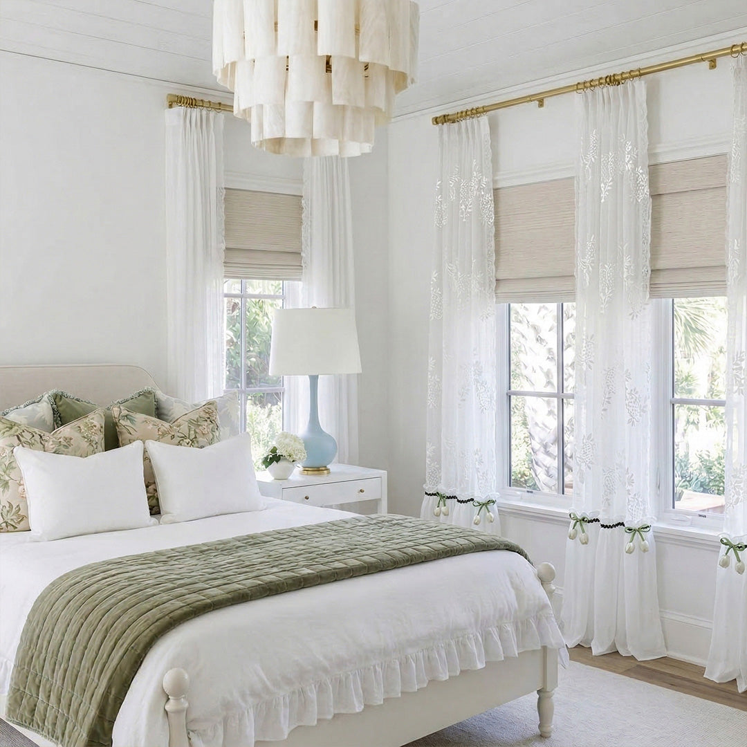 White French Sheer Drapes with Floral Print – Elegant Light-Filtering Drapes for Bright Cottage Bedrooms (North America, Europe)