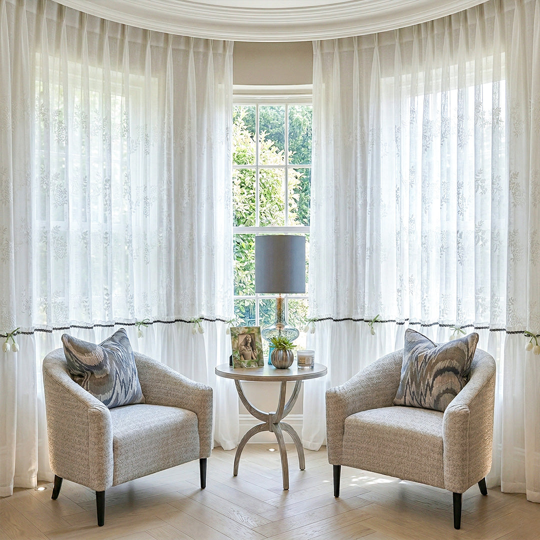 White French Sheer Drapes with Floral Print – Romantic Drapes for Curved Bay Window Sitting Areas (North America, Europe)