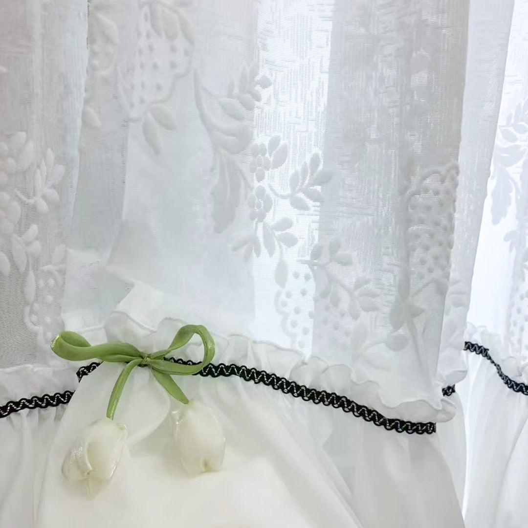 White French Sheer Drapes with Floral Print – Close-up of Delicate Tulip Trim &amp; Lace Texture (USA, EU)