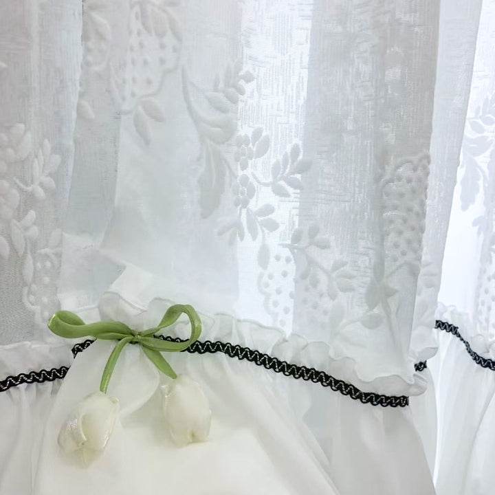White French Sheer Drapes with Floral Print – Close-up of Delicate Tulip Trim &amp; Lace Texture (USA, EU)