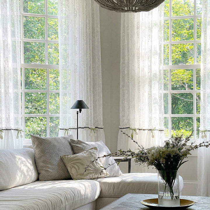 White French Sheer Drapes with Floral Print – Soft Drapes for Cozy Nature-Inspired Living Rooms (USA, EU)
