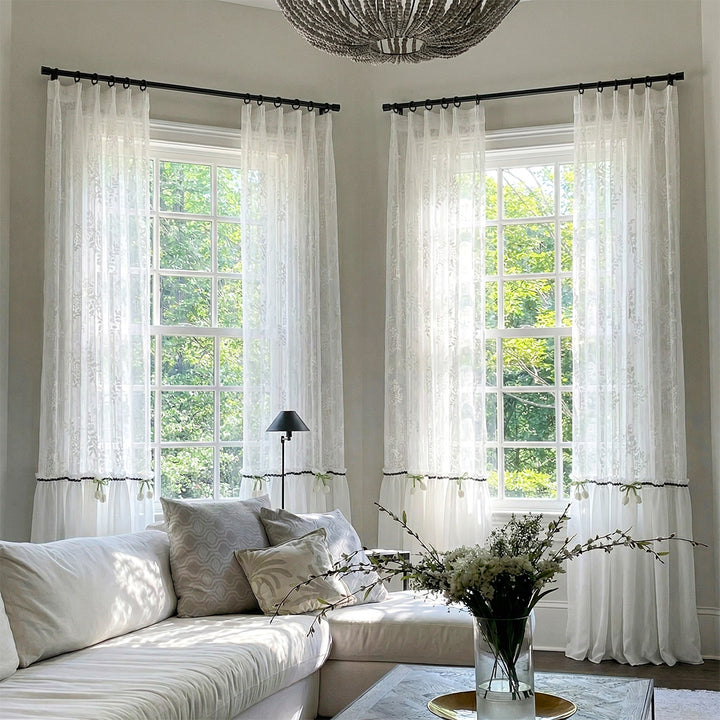 White French Sheer Drapes with Floral Print – Timeless Drapes for Symmetrical Traditional Living Spaces (North America, Europe)