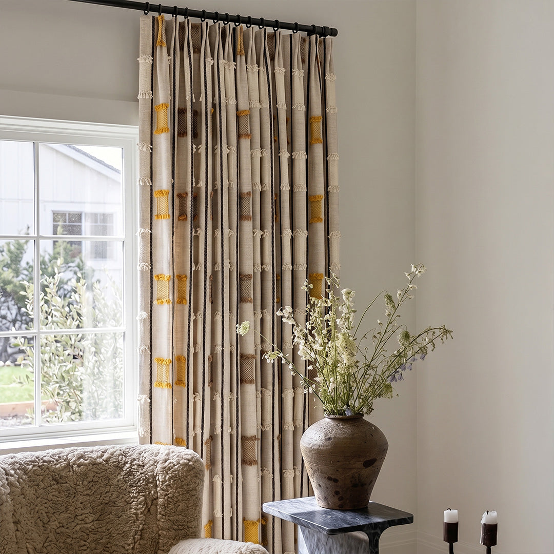 Modern Farmhouse Curtains Textured with Tassel Fringe - Geometric 3D Drapes for Boho Chic Home Decor