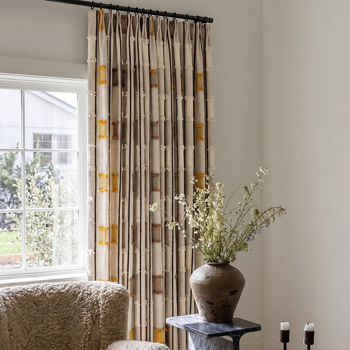 Modern Farmhouse Curtains Textured with Tassel Fringe - Geometric 3D Drapes for Boho Chic Home Decor