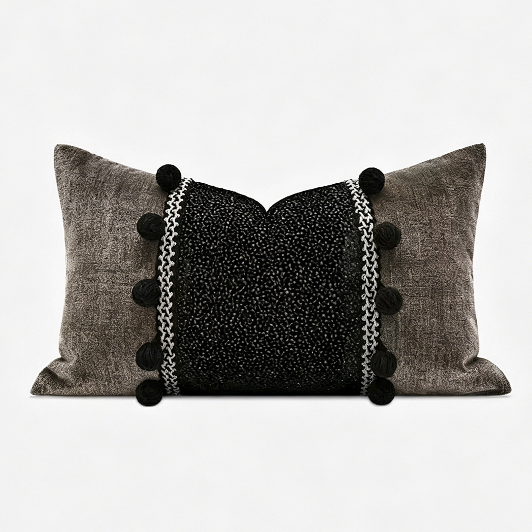 Hugmoom Quiet Luxury Neutral Throw Pillow Cover, Black Beaded Pom Pom Design, Studio Shot of Vintage Resort Style Lumbar Cushion
